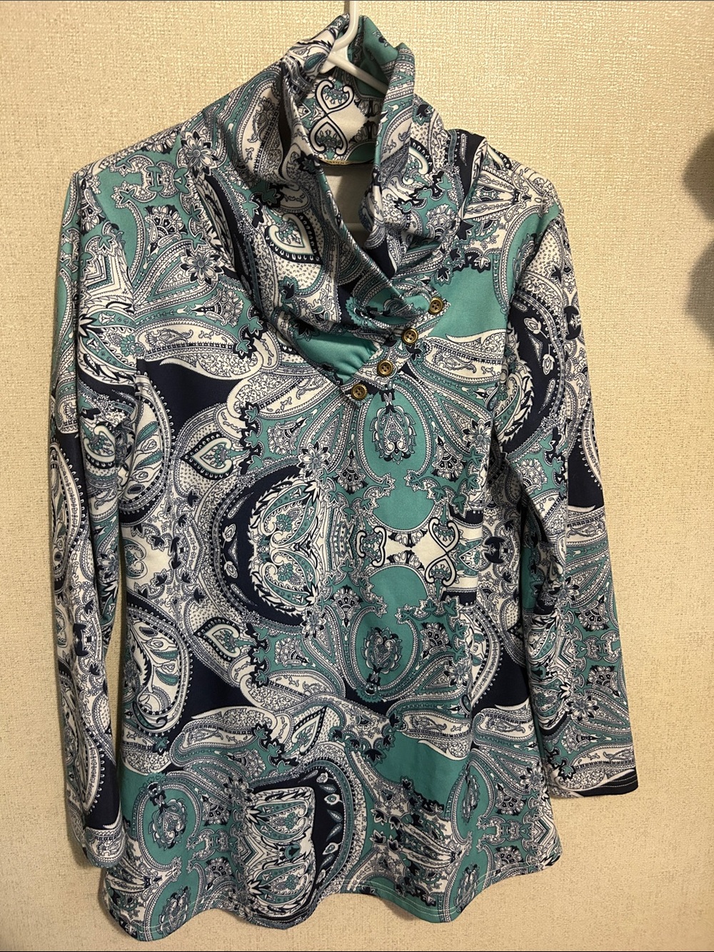 Paisley Cowl-Neck Long Sleeve Top in Teal and Navy